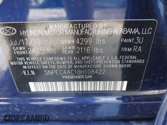 2011 Hyundai Sonata Limited with VIN 5NPEC4AC1BH108422, listed as a IAAI auction lot 42020425 with 214,216 mi miles and . Bid and sale history available at DreamBid. Image 9.