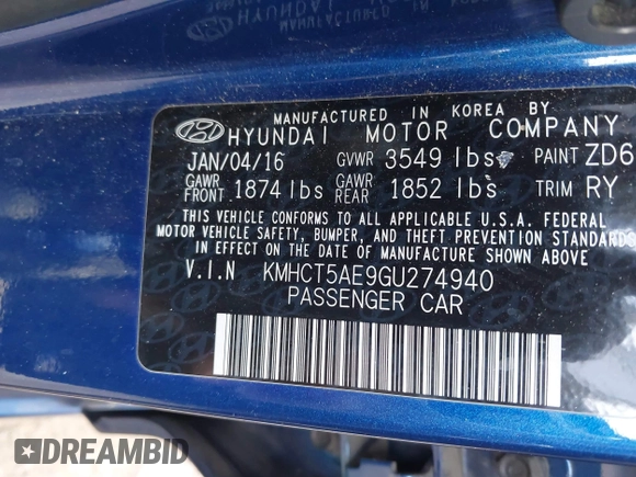 2016 Hyundai Accent SE z VIN KMHCT5AE9GU274940, wystawiony jako IAAI lot #42258957 z przebiegiem 168 935 mil mil oraz . Historia ofert i sprzedaży dostępna na DreamBid. Obrazek 9.