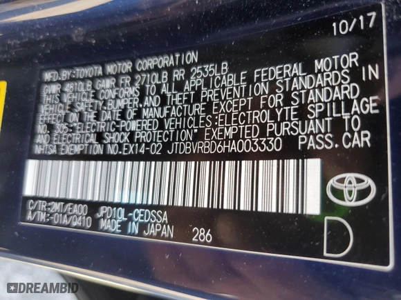 2017 Toyota Mirai with VIN JTDBVRBD6HA003330, listed as a Copart auction lot 73846344 with 65,509 mi miles and Salvage Title. Bid and sale history available at carsss.com. Image 14.