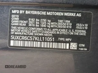2019 BMW X5 xDrive40i with VIN 5UXCR6C57KLL11051, listed as a Copart auction lot 60268695 with 169,671 mi miles and Salvage title. Bid and sale history available at DreamBid. Image 12.