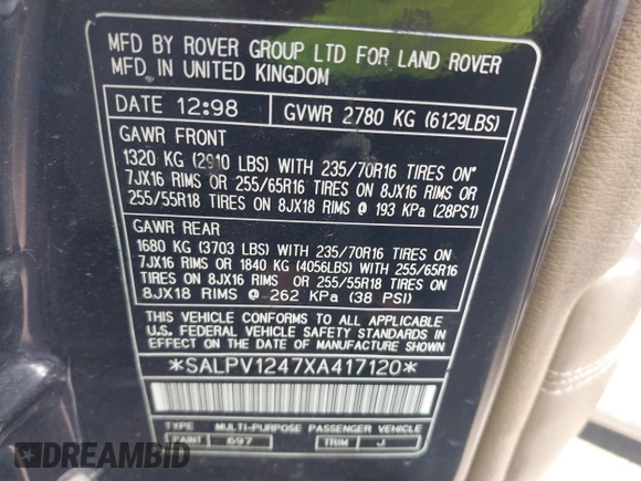 1999 Land Rover Range Rover with VIN SALPV1247XA417120, listed as a IAAI auction lot 42537615 with Not provided miles and . Bid and sale history available at DreamBid. Image 9.