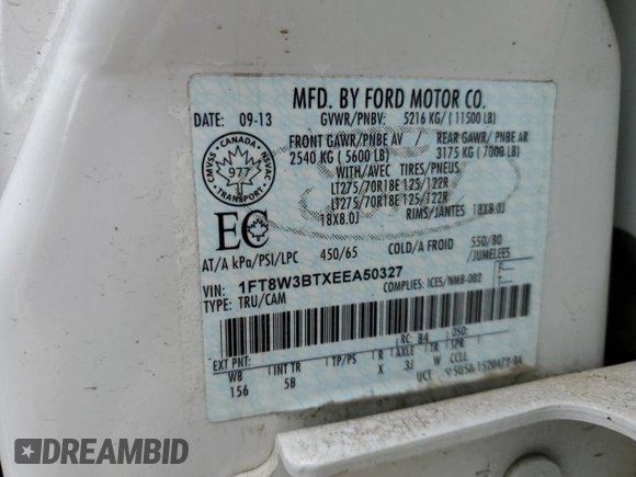 2014 Ford F-350 XLT с VIN 1FT8W3BTXEEA50327, выставлен на аукционе Copart как лот 52921495 с пробегом 109 928 миль миль и Чистый • Clean title. История ставок и продаж доступна на DreamBid. Изображение 12.
