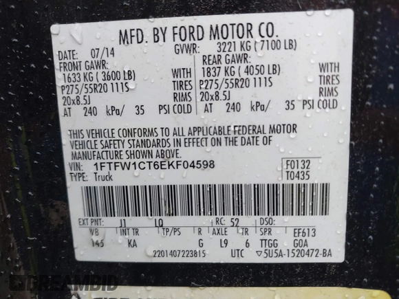 2014 Ford F-150 XL with VIN 1FTFW1CT6EKF04598, listed as a IAAI auction lot 41001719 with 118,549 mi miles and . Bid and sale history available at DreamBid. Image 9.