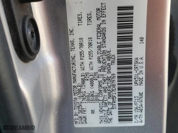2014 Toyota Tundra 2WD Truck SR with VIN 5TFRM5F17EX079769, listed as a Copart auction lot 87590675 with NaN miles and Salvage Title. Bid and sale history available at carsss.com. Image 12.