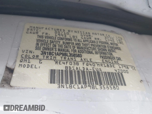 2011 Nissan Versa S with VIN 3N1BC1AP9BL358580, listed as a IAAI auction lot 41801830 with 102,611 mi miles and . Bid and sale history available at DreamBid. Image 9.