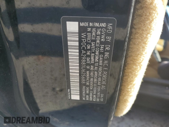 2001 Porsche Boxster z VIN WP0CA29881U625688, wystawiony jako Copart lot #43983695 z przebiegiem Nie podano mil oraz Szkoda całkowita • Salvage title. Historia ofert i sprzedaży dostępna na DreamBid. Obrazek 12.