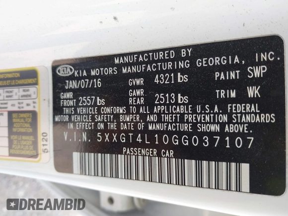 2016 Kia Optima LX Turbo with VIN 5XXGT4L10GG037107, listed as a IAAI auction lot 42071593 with 152,919 mi miles. Bid and sale history available at carsss.com. Image 9.