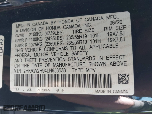 2020 Honda CR-V Touring with VIN 2HKRW2H94LH653538, listed as a IAAI auction lot 41740336 with 45,346 mi miles and . Bid and sale history available at DreamBid. Image 9.
