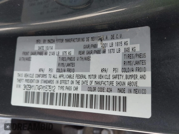 2015 Mazda Mazda3 i Touring with VIN 3MZBM1V74FM157512, listed as a IAAI auction lot 41844549 with 77,787 mi miles. Bid and sale history available at carsss.com. Image 9.