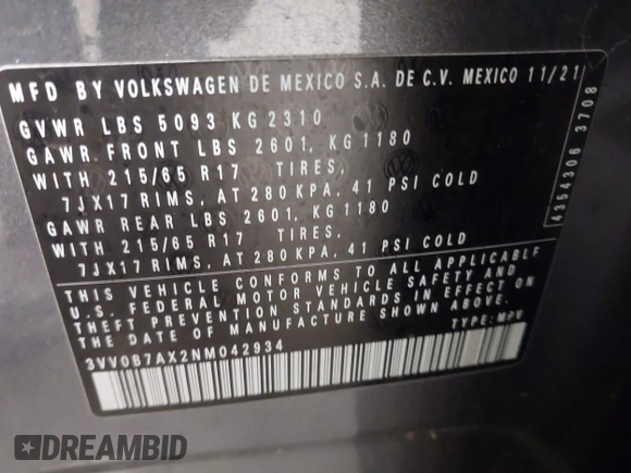 2022 Volkswagen Tiguan S z VIN 3VV0B7AX2NM042934, wystawiony jako IAAI lot #42172199 z przebiegiem 71 367 mil mil oraz . Historia ofert i sprzedaży dostępna na DreamBid. Obrazek 9.