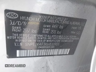 2019 Hyundai Sonata SE with VIN 5NPE24AF3KH810903, listed as a IAAI auction lot 41831371 with 68,317 mi miles and . Bid and sale history available at carsss.com. Image 9.