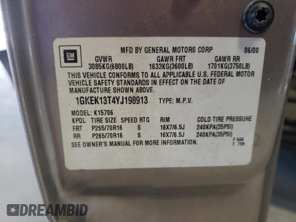 2000 GMC Yukon SLT with VIN 1GKEK13T4YJ198913, listed as a Copart auction lot 67958364 with 0 mi miles and Salvage Title. Bid and sale history available at carsss.com. Image 13.
