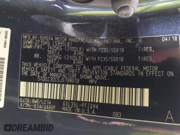2018 Toyota Sienna XLE with VIN 5TDDZ3DC5JS198019, listed as a IAAI auction lot 42359536 with 56,224 mi miles and . Bid and sale history available at DreamBid. Image 9.