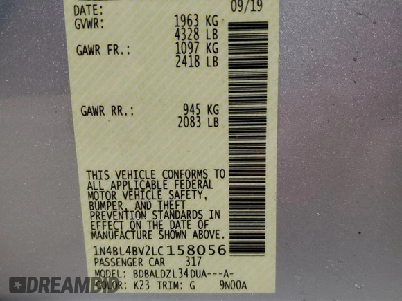 2020 Nissan Altima S with VIN 1N4BL4BV2LC158056, listed as a Copart auction lot 50871385 with 92,478 mi miles and Salvage title. Bid and sale history available at DreamBid. Image 15.