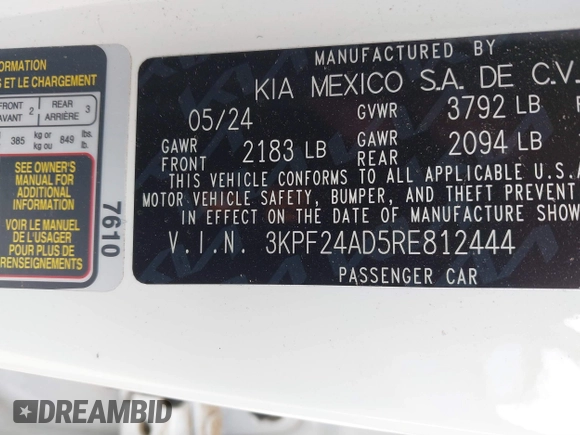 2024 Kia Forte LXS with VIN 3KPF24AD5RE812444, listed as a IAAI auction lot 41883462 with 13,091 mi miles and . Bid and sale history available at DreamBid. Image 9.