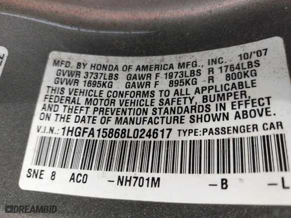 2008 Honda Civic Sdn EX with VIN 1HGFA15868L024617, listed as a IAAI auction lot 41831376 with 130,279 mi miles. Bid and sale history available at carsss.com. Image 9.
