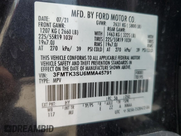 2021 Ford Mustang Mach-E Premium с VIN 3FMTK3SU6MMA45791, выставлен на аукционе Copart как лот 58205035 с пробегом 42 854 миль миль и Списание • Salvage title. История ставок и продаж доступна на DreamBid. Изображение 14.