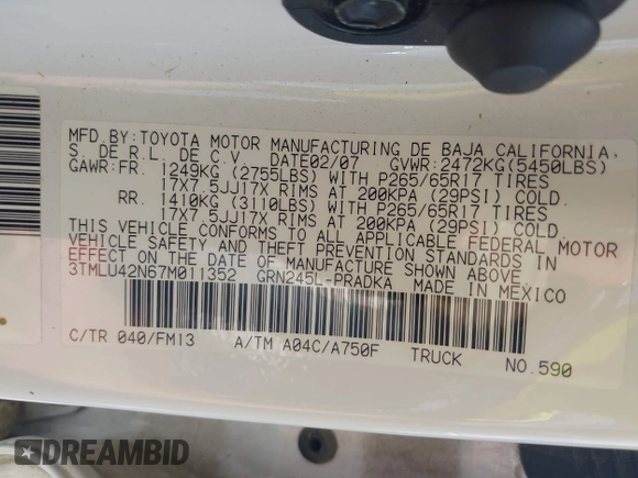 2007 Toyota Tacoma with VIN 3TMLU42N67M011352, listed as a IAAI auction lot 42572613 with Not provided miles and . Bid and sale history available at DreamBid. Image 9.