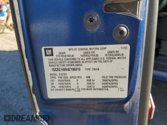 2004 Chevrolet Silverado 1500 LS with VIN 1GCEC14V84Z196019, listed as a Copart auction lot 45602055 with 212,230 mi miles and Salvage Title. Bid and sale history available at carsss.com. Image 14.