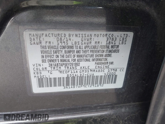 2014 Nissan Sentra SR with VIN 3N1AB7AP9EY291892, listed as a IAAI auction lot 41913452 with 171,015 mi miles and . Bid and sale history available at DreamBid. Image 9.