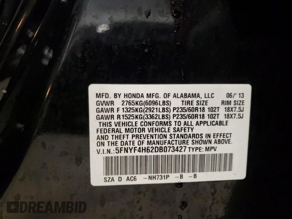 2013 Honda Pilot EX-L with VIN 5FNYF4H62DB073427, listed as a Copart auction lot 45240075 with 139,586 mi miles and Non Repairable. Bid and sale history available at carsss.com. Image 13.