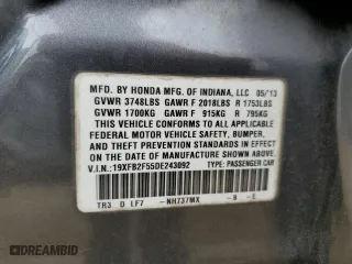 2013 Honda Civic Sdn LX with VIN 19XFB2F55DE243092, listed as a Copart auction lot 51649095 with 64,888 mi miles and Salvage Title. Bid and sale history available at carsss.com. Image 14.