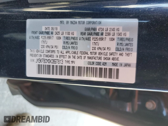 2019 Mazda CX-5 Touring with VIN JM3KFBCM0K0697813, listed as a Copart auction lot 52239505 with 49,844 mi miles and Salvage Title. Bid and sale history available at carsss.com. Image 13.