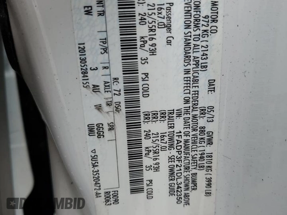 2013 Ford Focus SE with VIN 1FADP3F21DL342350, listed as a Copart auction lot 60632645 with 100,107 mi miles and Clean title. Bid and sale history available at DreamBid. Image 12.