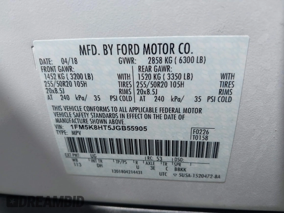 2018 Ford Explorer Platinum с VIN 1FM5K8HT5JGB55905, выставлен на аукционе IAAI как лот 42081109 с пробегом 59 801 миль миль и . История ставок и продаж доступна на DreamBid. Изображение 9.
