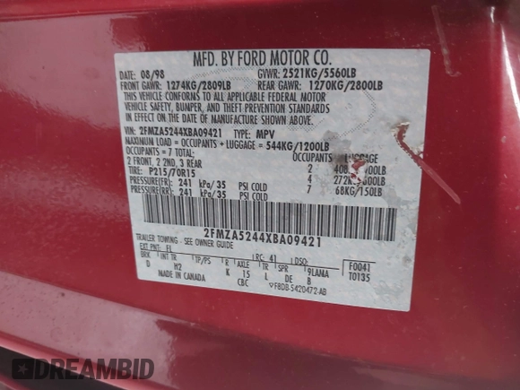 1999 Ford Windstar SE with VIN 2FMZA5244XBA09421, listed as a IAAI auction lot 41973187 with 217,545 mi miles and . Bid and sale history available at DreamBid. Image 9.
