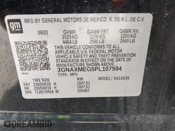 2023 Chevrolet Equinox RS z VIN 3GNAXMEG5PL107594, wystawiony jako IAAI lot #42093279 z przebiegiem 59 663 mil mil oraz . Historia ofert i sprzedaży dostępna na DreamBid. Obrazek 9.