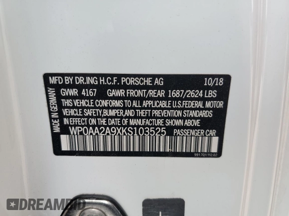 2019 Porsche 911 Carrera with VIN WP0AA2A9XKS103525, listed as a Copart auction lot 45664864 with Not Provided miles and . Bid and sale history available at DreamBid. Image 12.