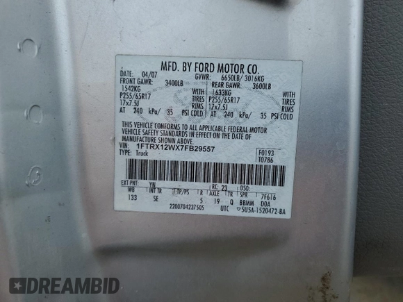 2007 Ford F-150 STX with VIN 1FTRX12WX7FB29557, listed as a Copart auction lot 48022365 with 237,643 mi miles and Salvage Title. Bid and sale history available at DreamBid. Image 12.