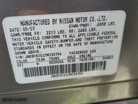 2007 Infiniti G35 Sedan Sport with VIN JNKBV61E27M725754, listed as a Copart auction lot 61097963 with 0 mi miles and Salvage Title. Bid and sale history available at carsss.com. Image 13.