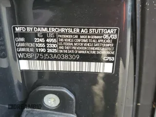 2003 Mercedes-Benz CL 5.0L with VIN WDBPJ75J53A038309, listed as a Copart auction lot 73774364 with Not Provided miles and Salvage Title. Bid and sale history available at carsss.com. Image 13.