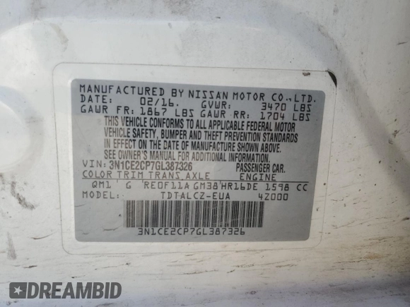 2016 Nissan Note S with VIN 3N1CE2CP7GL387326, listed as a Copart auction lot 62388505 with 155,267 mi miles and Clean title. Bid and sale history available at DreamBid. Image 12.