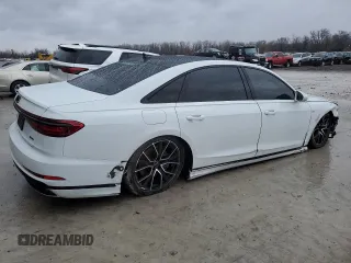 2021 Audi A8 with VIN WAU8DAF87MN011853, listed as a Copart auction lot 47758395 with 63,217 mi miles and Salvage Title. Bid and sale history available at carsss.com. Image 3.