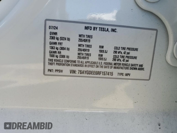 2024 Tesla Model Y Long Range с VIN 7SAYGDEE6RF157415, выставлен на аукционе Copart как лот 54950915 с пробегом 20 567 миль миль и Списание • Salvage title. История ставок и продаж доступна на DreamBid. Изображение 12.