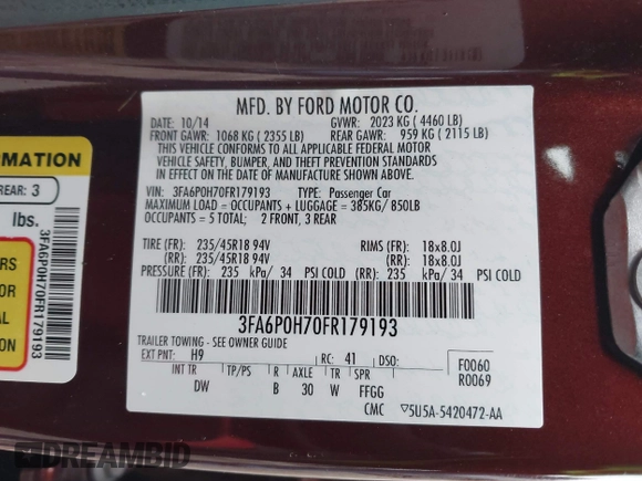 2015 Ford Fusion SE with VIN 3FA6P0H70FR179193, listed as a IAAI auction lot 42115451 with 82,757 mi miles and . Bid and sale history available at DreamBid. Image 9.