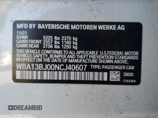 2022 BMW 5 Series 530i xDrive z VIN WBA13BJ00NCJ40607, wystawiony jako Copart lot #54605845 z przebiegiem 27 920 mil mil oraz Szkoda całkowita • Salvage title. Historia ofert i sprzedaży dostępna na DreamBid. Obrazek 12.