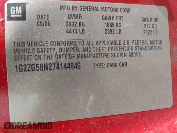 2007 Pontiac G6 G6 with VIN 1G2ZG58N274144849, listed as a IAAI auction lot 42389937 with 162,392 mi miles and . Bid and sale history available at DreamBid. Image 9.