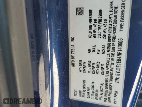 2022 Tesla Model 3 Long Range z VIN 5YJ3E1EB4NF143606, wystawiony jako Copart lot #45499095 z przebiegiem 119 143 mil mil oraz Szkoda całkowita • Salvage title. Historia ofert i sprzedaży dostępna na DreamBid. Obrazek 12.