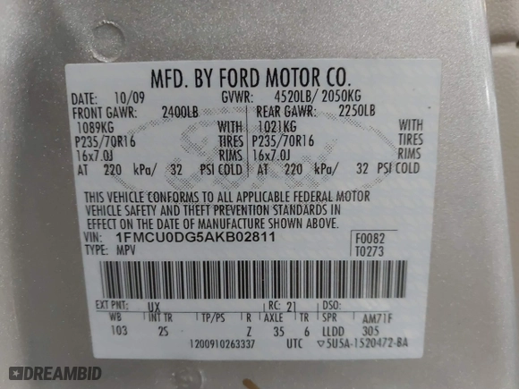 2010 Ford Escape XLT with VIN 1FMCU0DG5AKB02811, listed as a IAAI auction lot 41749335 with 103,071 mi miles. Bid and sale history available at carsss.com. Image 9.