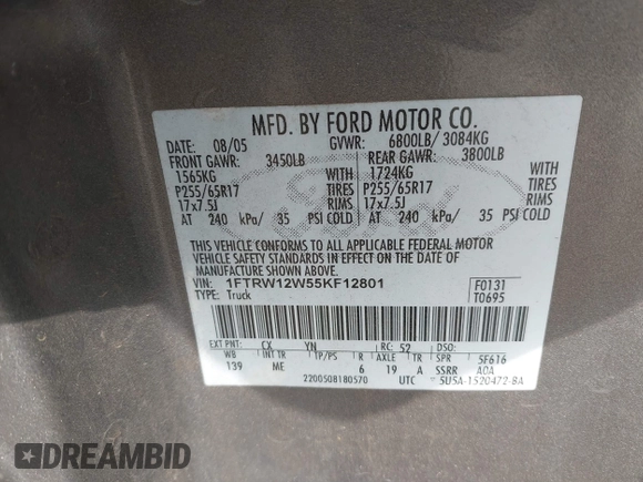 2005 Ford F-150 XLT z VIN 1FTRW12W55KF12801, wystawiony jako IAAI lot #42071518 z przebiegiem 462 561 mil mil oraz . Historia ofert i sprzedaży dostępna na DreamBid. Obrazek 9.