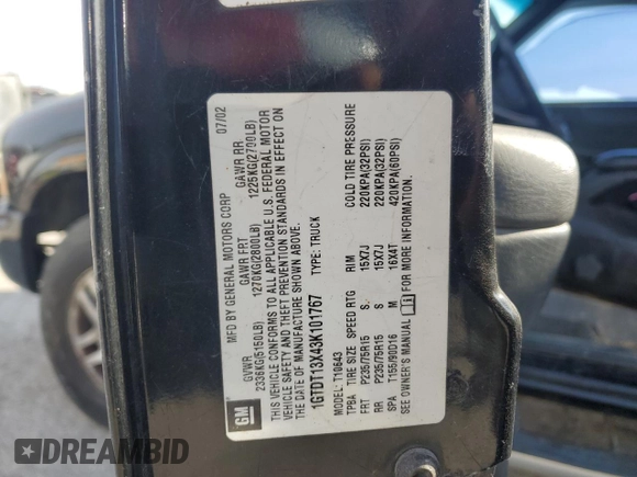 2003 GMC Sonoma SLS with VIN 1GTDT13X43K101767, listed as a Copart auction lot 76805334 with 248,776 mi miles and Salvage Title. Bid and sale history available at carsss.com. Image 12.