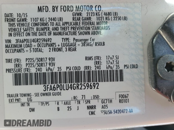 2016 Ford Fusion SE Hybrid с VIN 3FA6P0LU4GR259692, выставлен на аукционе Copart как лот 57100415 с пробегом 154 051 миль миль и Списание • Salvage title. История ставок и продаж доступна на DreamBid. Изображение 12.