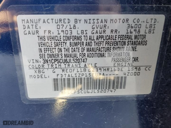 2018 Nissan Kicks SV with VIN 3N1CP5CU6JL520747, listed as a Copart auction lot 52499745 with 27,674 mi miles and Salvage Title. Bid and sale history available at carsss.com. Image 13.