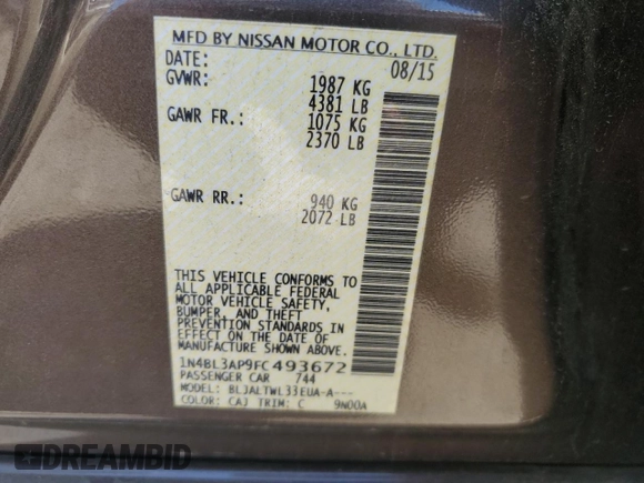 2015 Nissan Altima SL with VIN 1N4BL3AP9FC493672, listed as a Copart auction lot 48473855 with 60,799 mi miles and Salvage Title. Bid and sale history available at carsss.com. Image 13.
