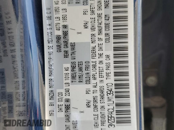 2020 Mazda 3 Select with VIN 3MZBPACL1LM139410, listed as a Copart auction lot 54475085 with 77,884 mi miles and Salvage title. Bid and sale history available at DreamBid. Image 12.