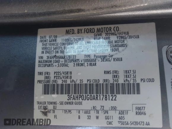 2010 Ford Fusion SEL with VIN 3FAHP0JG0AR178122, listed as a IAAI auction lot 41926209 with 1 mi miles. Bid and sale history available at carsss.com. Image 9.